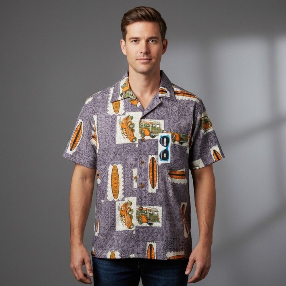 NWT Roundy Bay VW Bug Hawaiian Surf Shirt Mens Size Medium Brown Printed